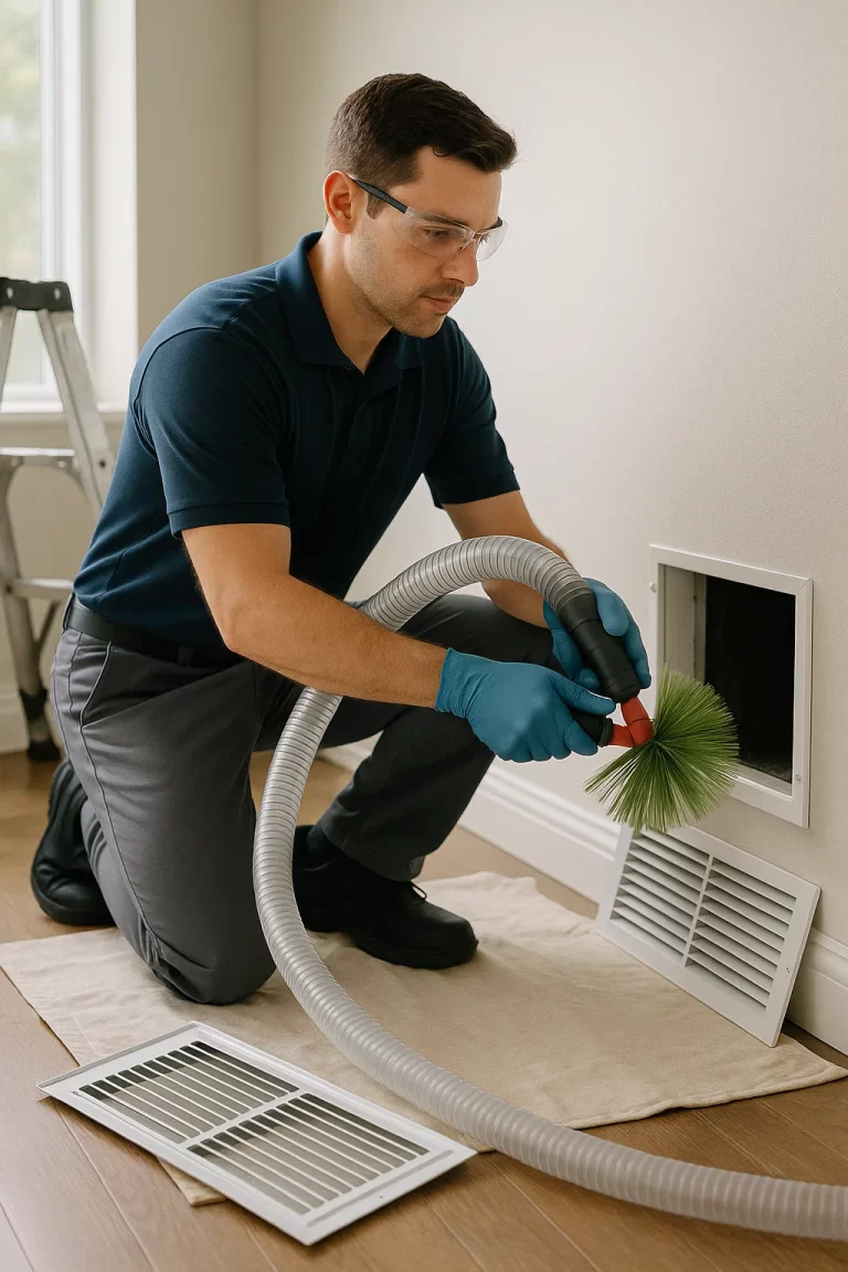 Professional team member delivering Air Duct Cleaning by Angelos Hard Floor & Duct Cleaning using Rotobrush contact agitation.