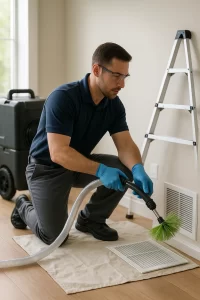 Certified technician providing Air Duct Cleaning by Angelos Hard Floor & Duct Cleaning with Rotobrush at a floor register.