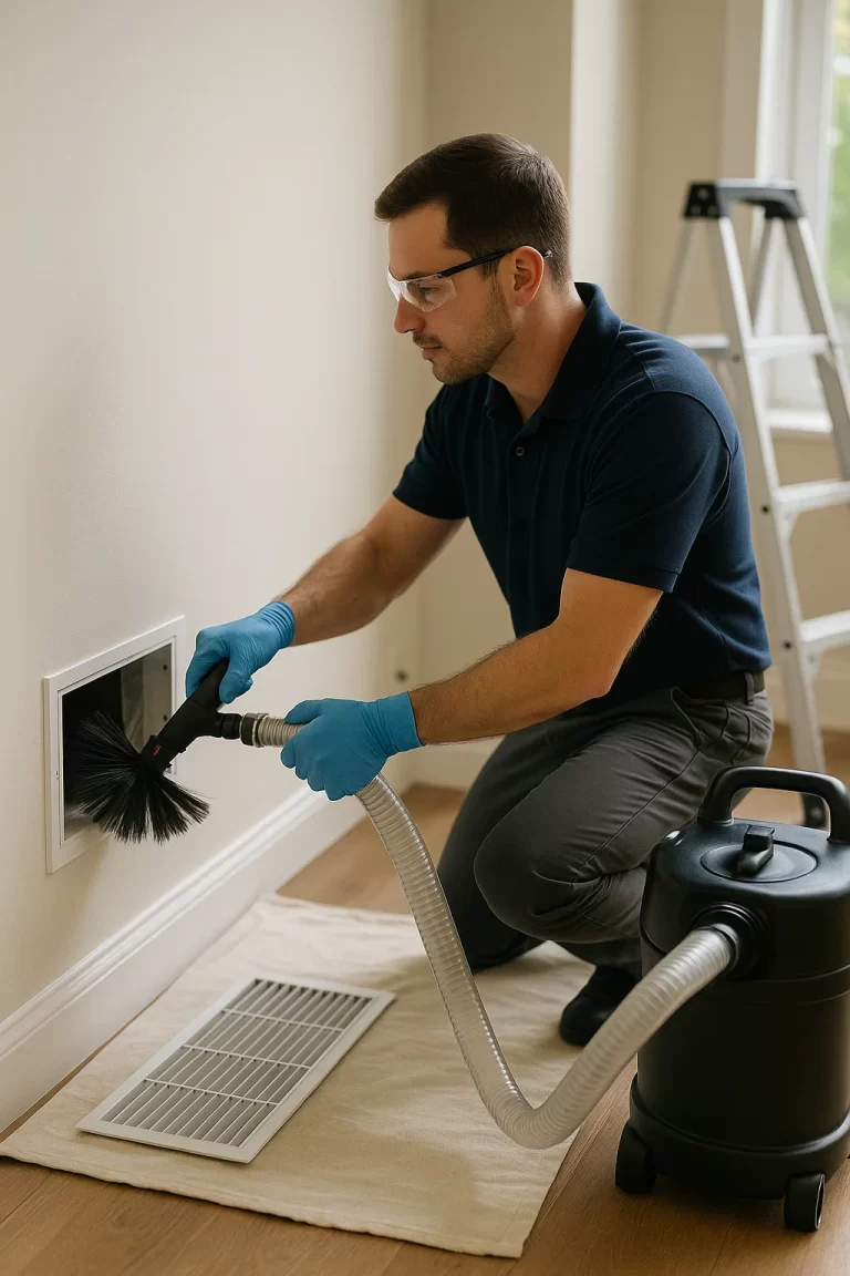 Professional technician conducting Air Duct Cleaning by Angelos Hard Floor & Duct Cleaning using Rotobrush to clean registers.