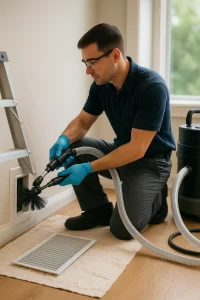 Expert crew member completing Air Duct Cleaning by Angelos Hard Floor & Duct Cleaning with a Rotobrush to reduce allergens.