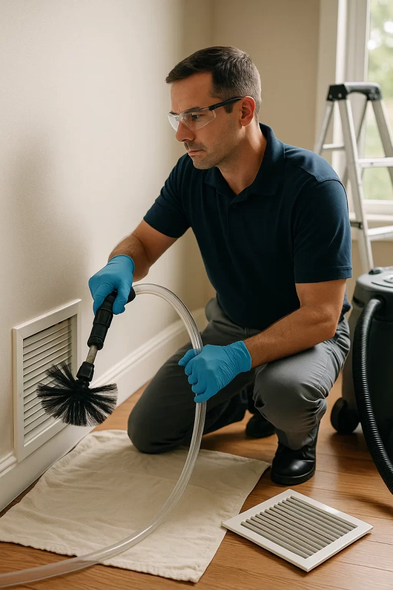 Professional technician performing Air Duct Cleaning by Angelos Hard Floor & Duct Cleaning using a Rotobrush.