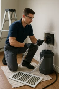 Uniformed pro providing Air Duct Cleaning by Angelos Hard Floor & Duct Cleaning with a Rotobrush system.