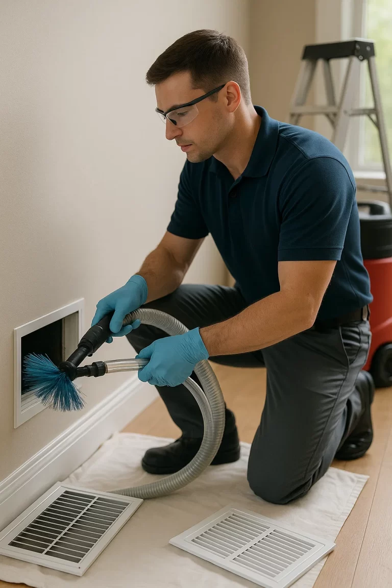 Experienced HVAC specialist delivering Air Duct Cleaning by Angelos Hard Floor & Duct Cleaning using Rotobrush contact cleaning.