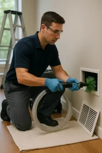 Skilled team member conducting Air Duct Cleaning by Angelos Hard Floor & Duct Cleaning with Rotobrush brush and vacuum.
