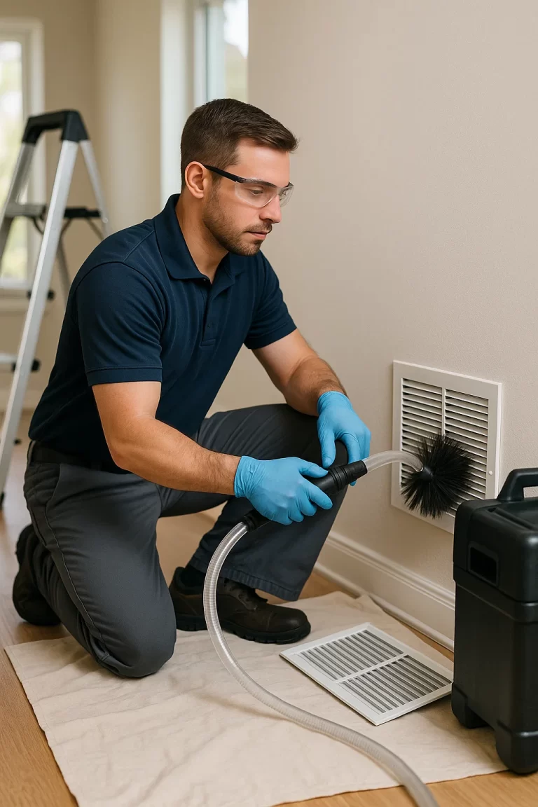 Uniformed technician carrying out Air Duct Cleaning by Angelos Hard Floor & Duct Cleaning using Rotobrush near the air handler.