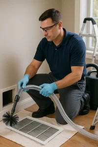 Expert pro completing Air Duct Cleaning by Angelos Hard Floor & Duct Cleaning using a Rotobrush and HEPA collection.