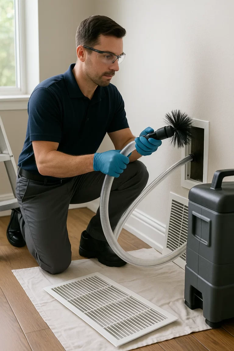 Friendly technician delivering Air Duct Cleaning by Angelos Hard Floor & Duct Cleaning with Rotobrush for dust reduction.