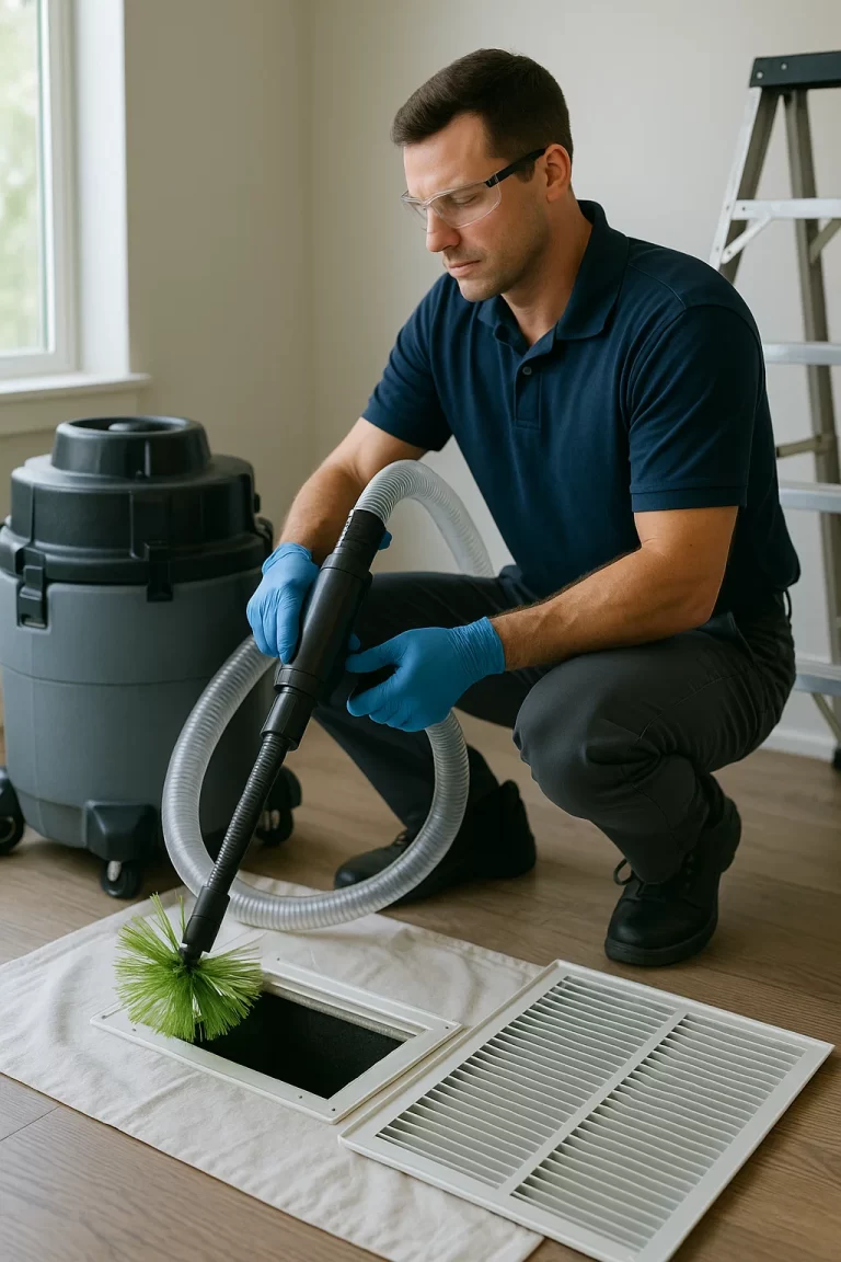 Skilled technician performing Air Duct Cleaning by Angelos Hard Floor & Duct Cleaning with a Rotobrush on main trunk lines.