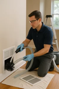 Trusted pro conducting Air Duct Cleaning by Angelos Hard Floor & Duct Cleaning using Rotobrush for improved airflow.