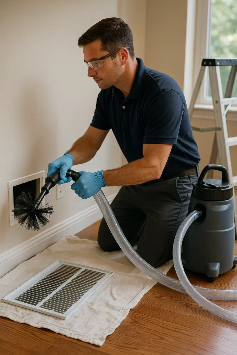 Professional team member delivering Air Duct Cleaning by Angelos Hard Floor & Duct Cleaning using Rotobrush contact agitation.