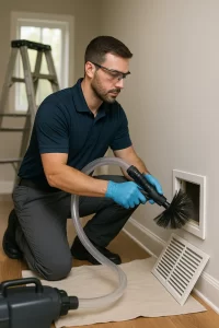 Certified technician providing Air Duct Cleaning by Angelos Hard Floor & Duct Cleaning with Rotobrush at a floor register.