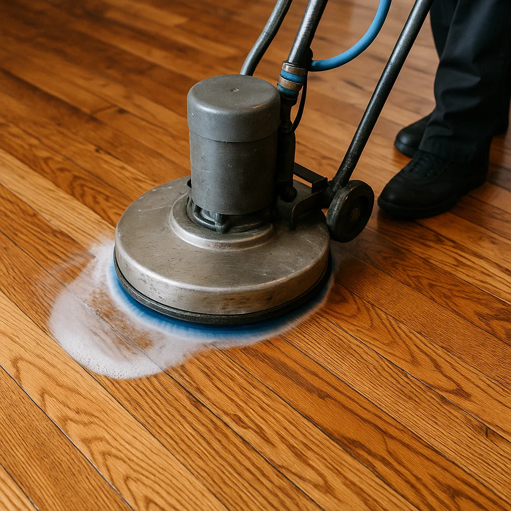 Homeowner using microfiber mop on hardwood