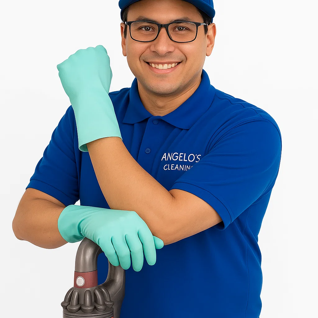 Technician cleaning hardwood kitchen in summer