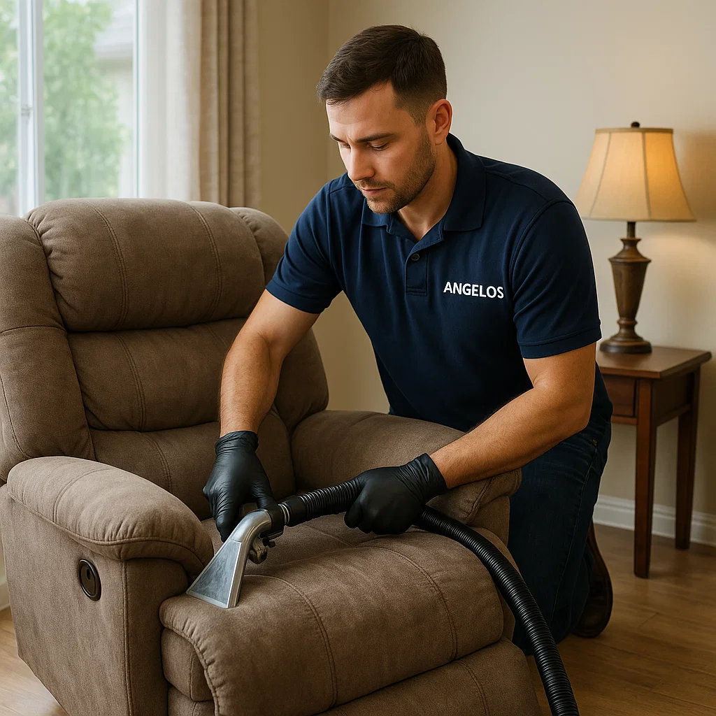 Angelo's Hard Floor & Duct Cleaning technician cleaning a recliner