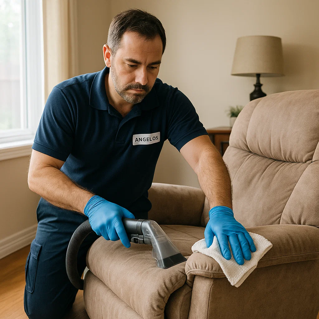 Angelo's Hard Floor & Duct Cleaning upholstery experts cleaning a recliner