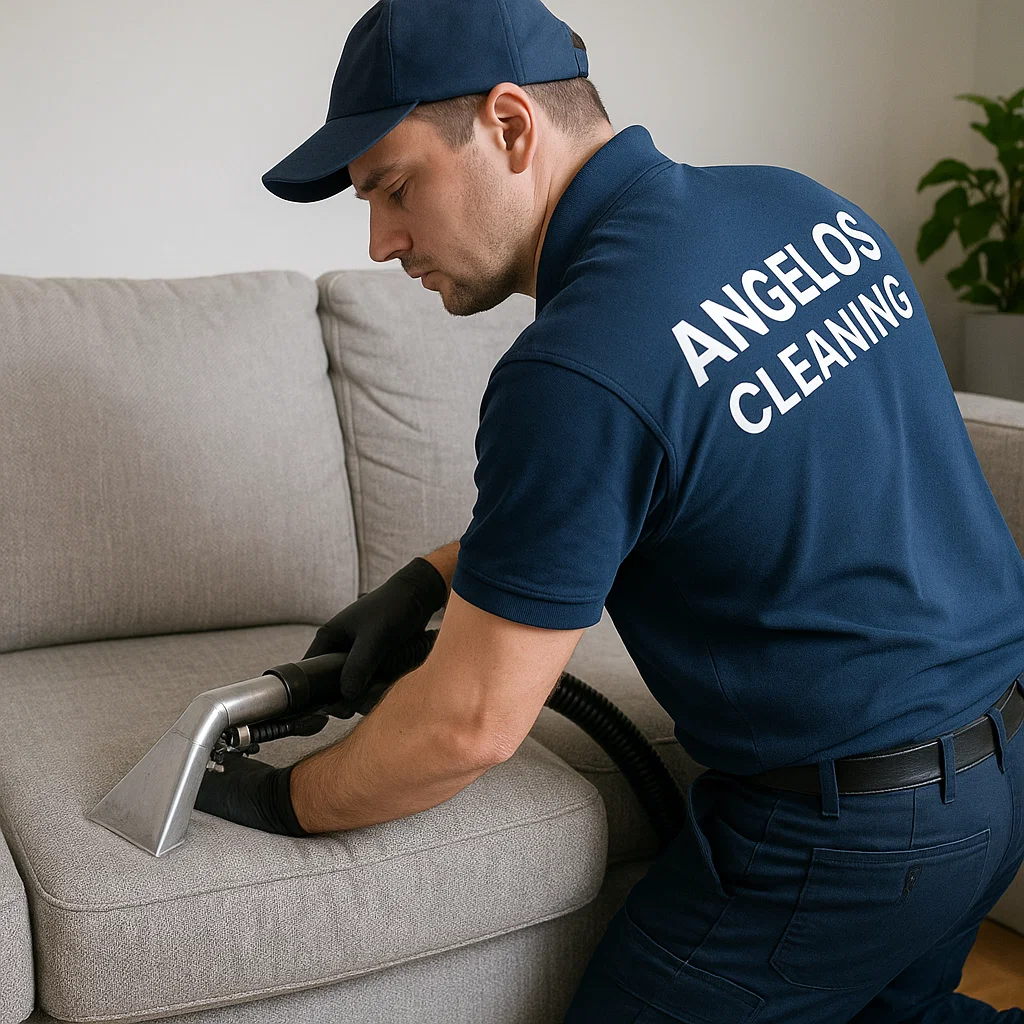 Before & after sofa cleaning — headrest buildup removed
