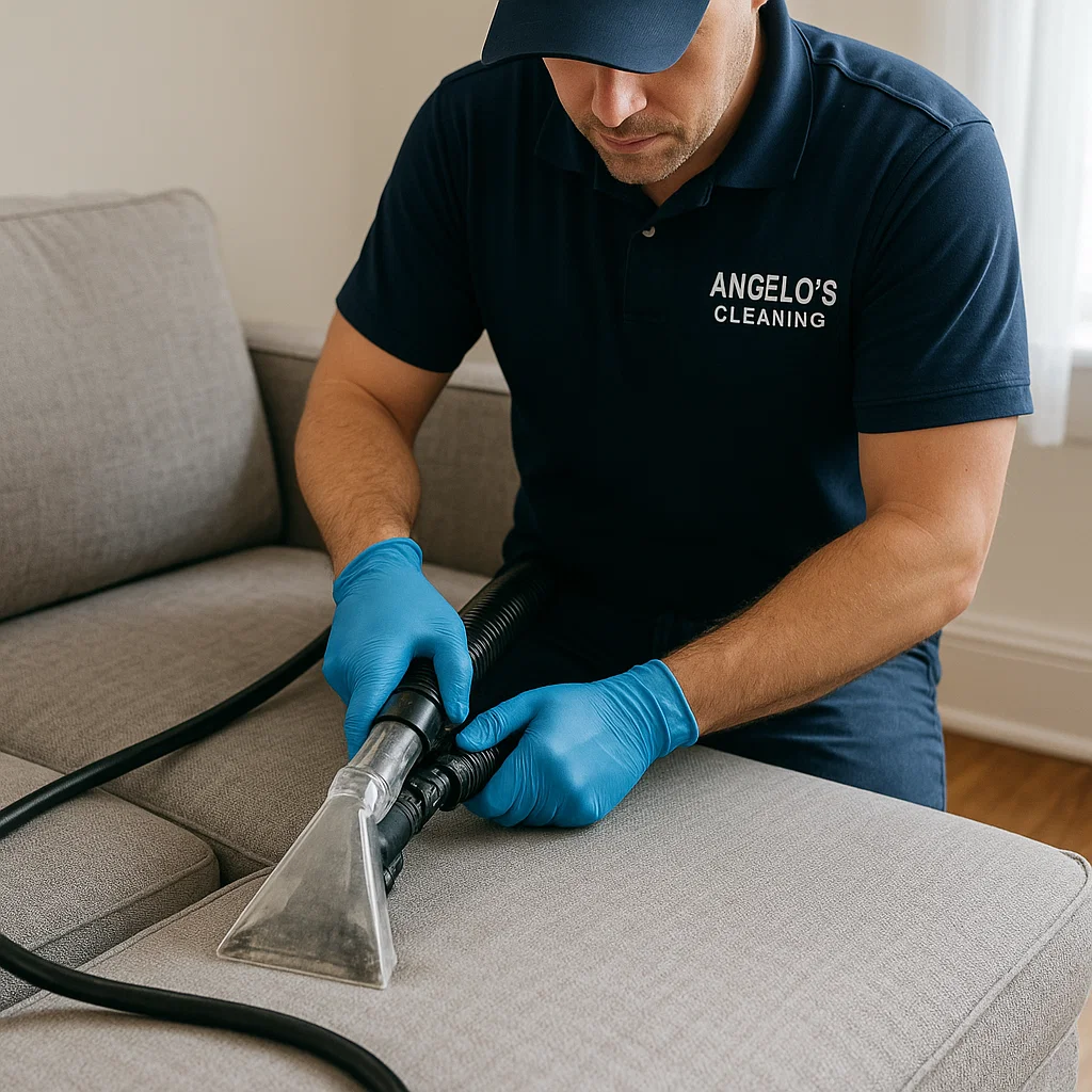 Before & after sofa cleaning — chenille fibers fluffed and bright