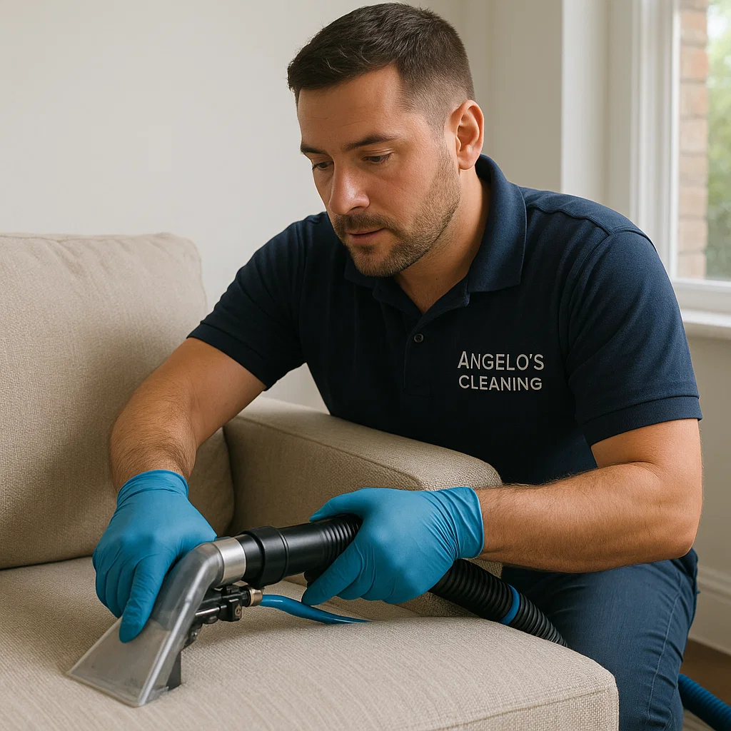 Before & after sofa cleaning — sun-fade soil line minimized