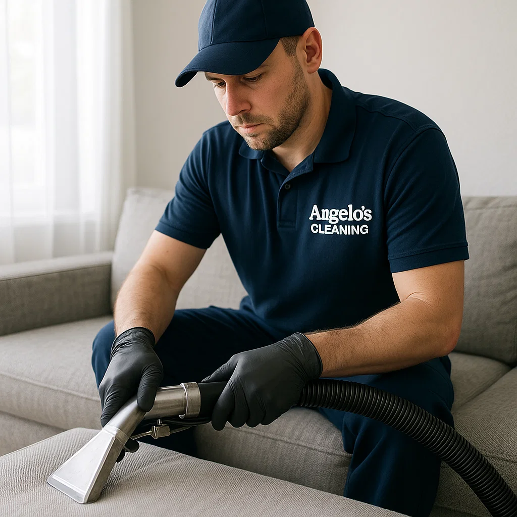 Before & after sofa cleaning — cushion fronts brightened