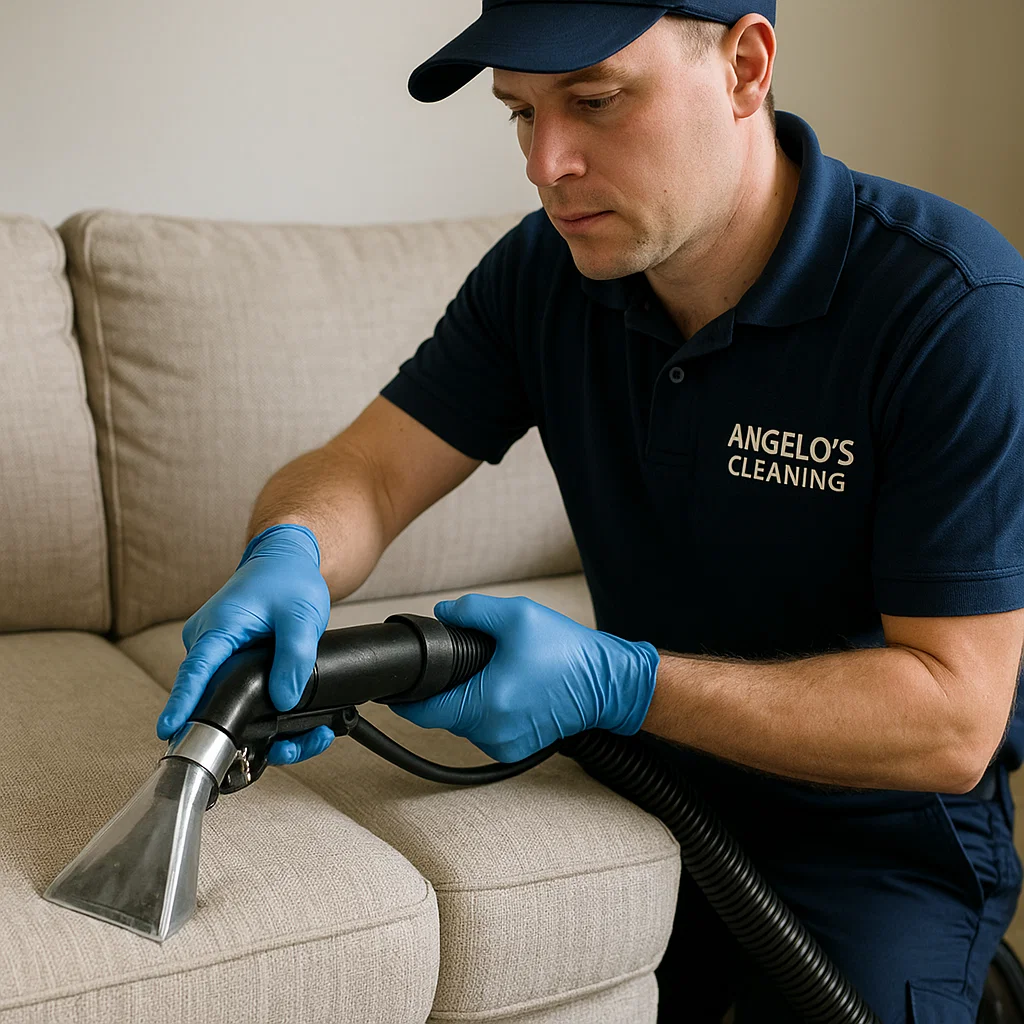Before & after sofa cleaning — grime at seams removed