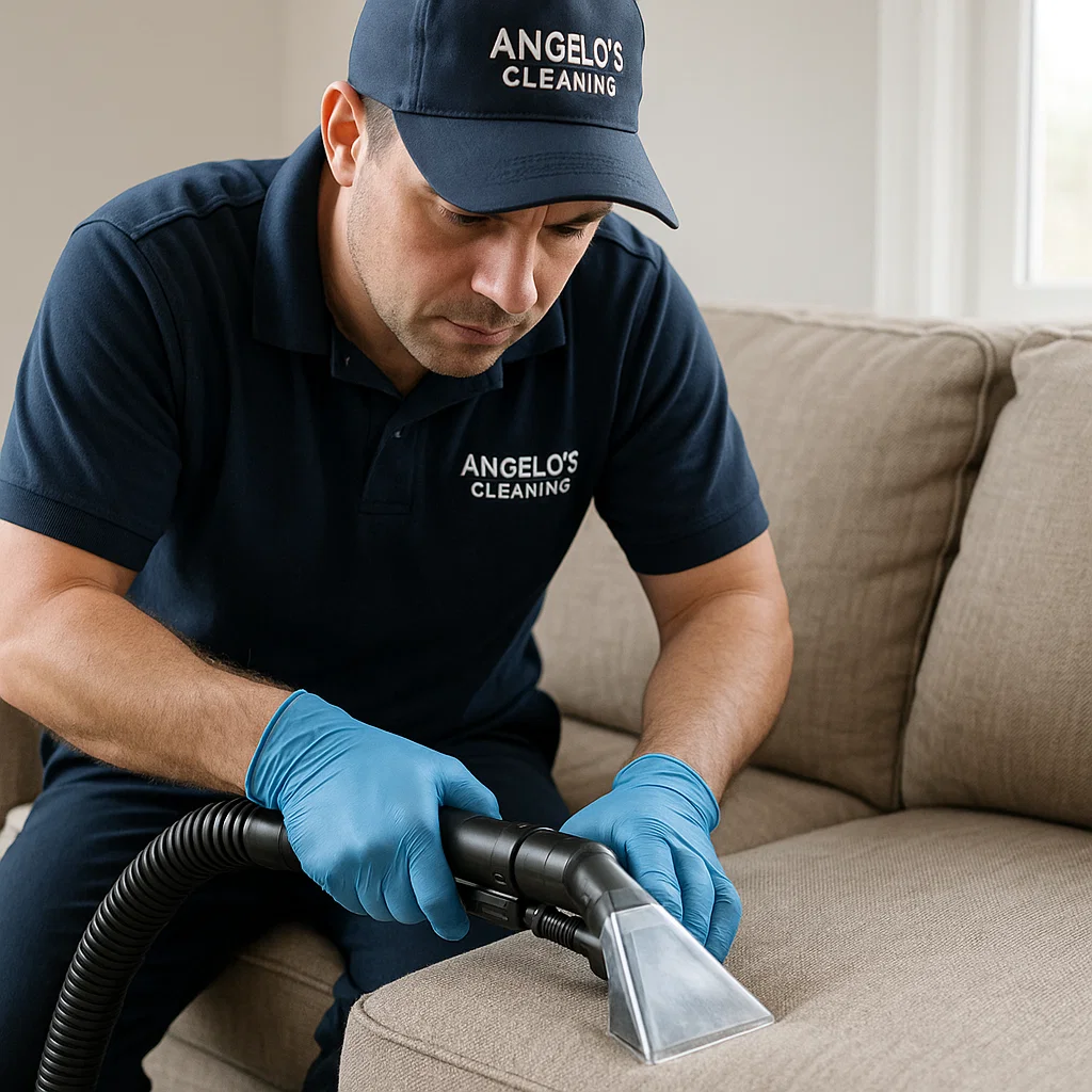 Professional sofa cleaning — gentle brushwork on delicate weave