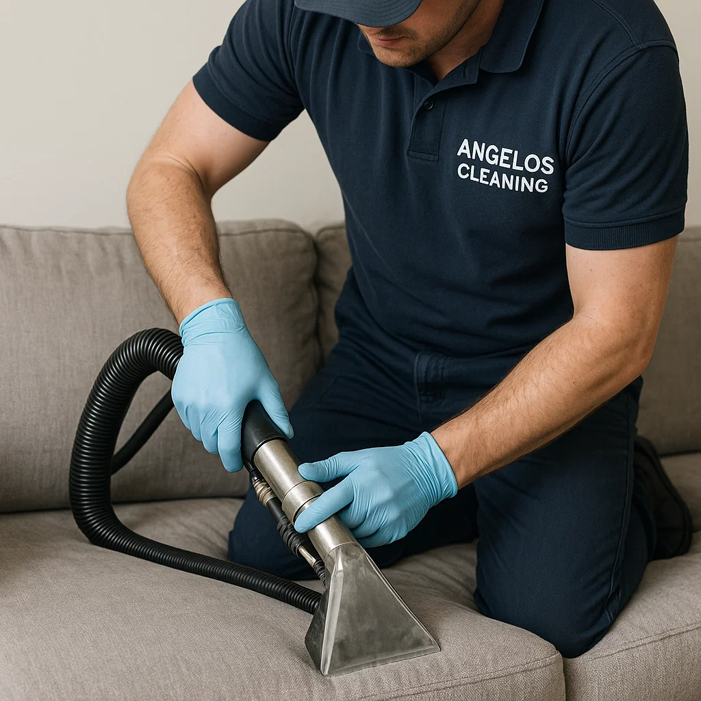 Before & after sofa cleaning — old spill ghosting reduced