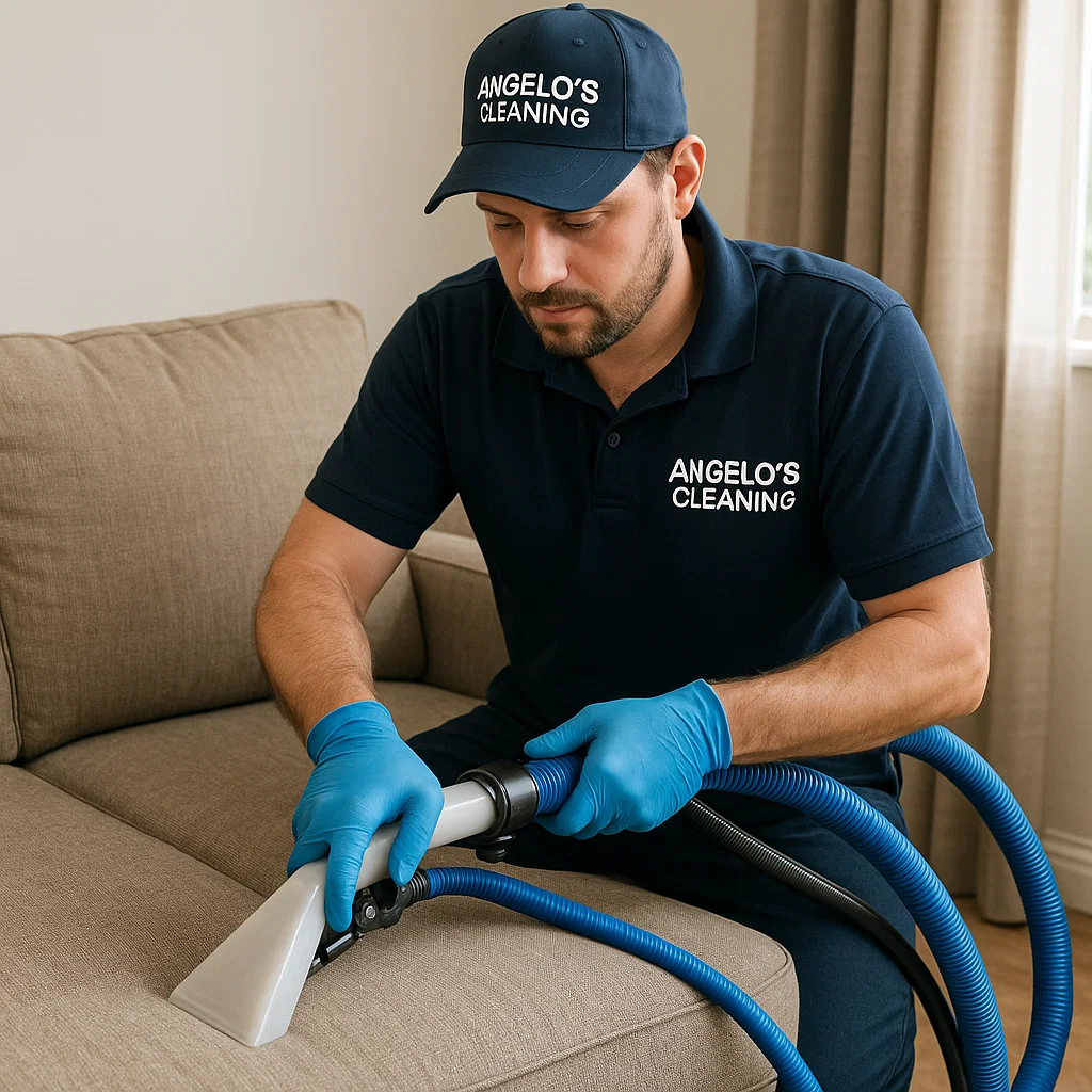 Before & after sofa cleaning — cushion tufting detailed