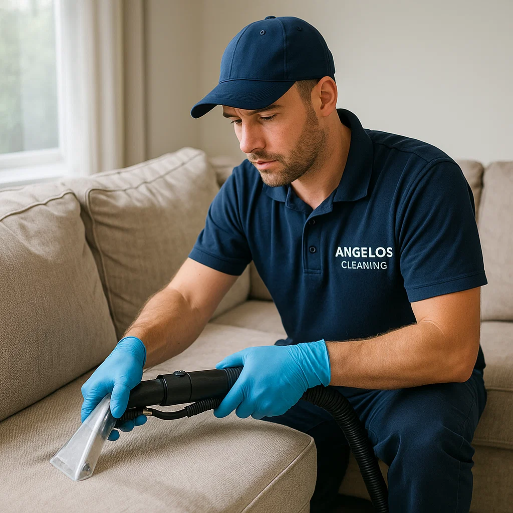 Before & after sofa cleaning — headrest halo corrected
