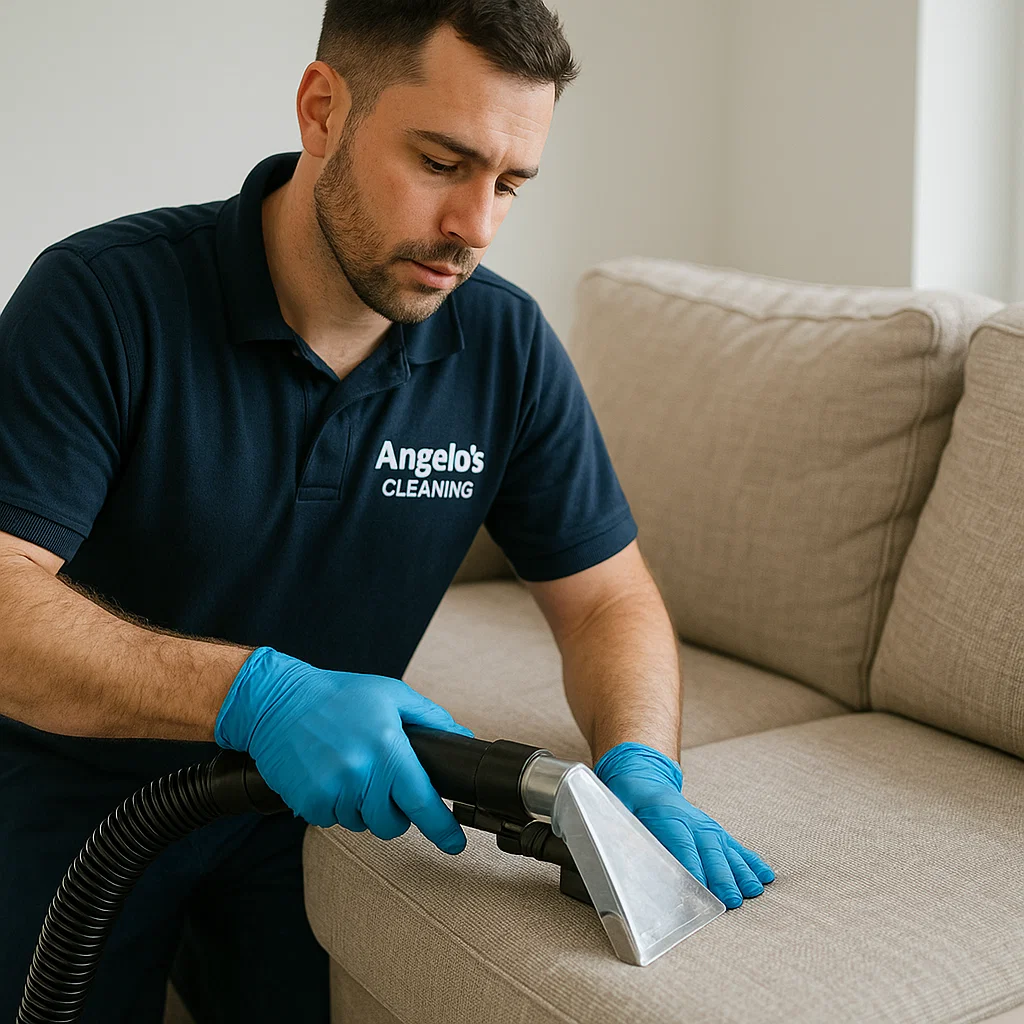 Before & after sofa cleaning — snack grease fully lifted