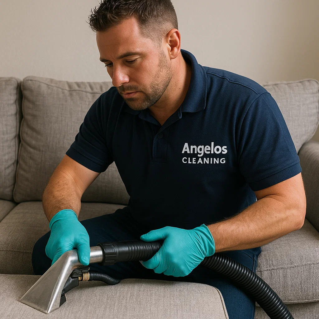 Before & after sofa cleaning — fabric brightness restored