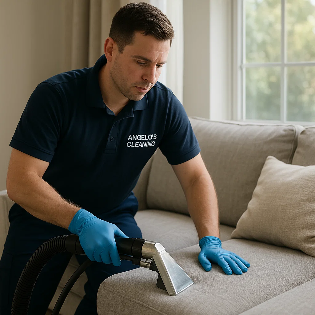 Before & after sofa cleaning — shadowed cushions brightened