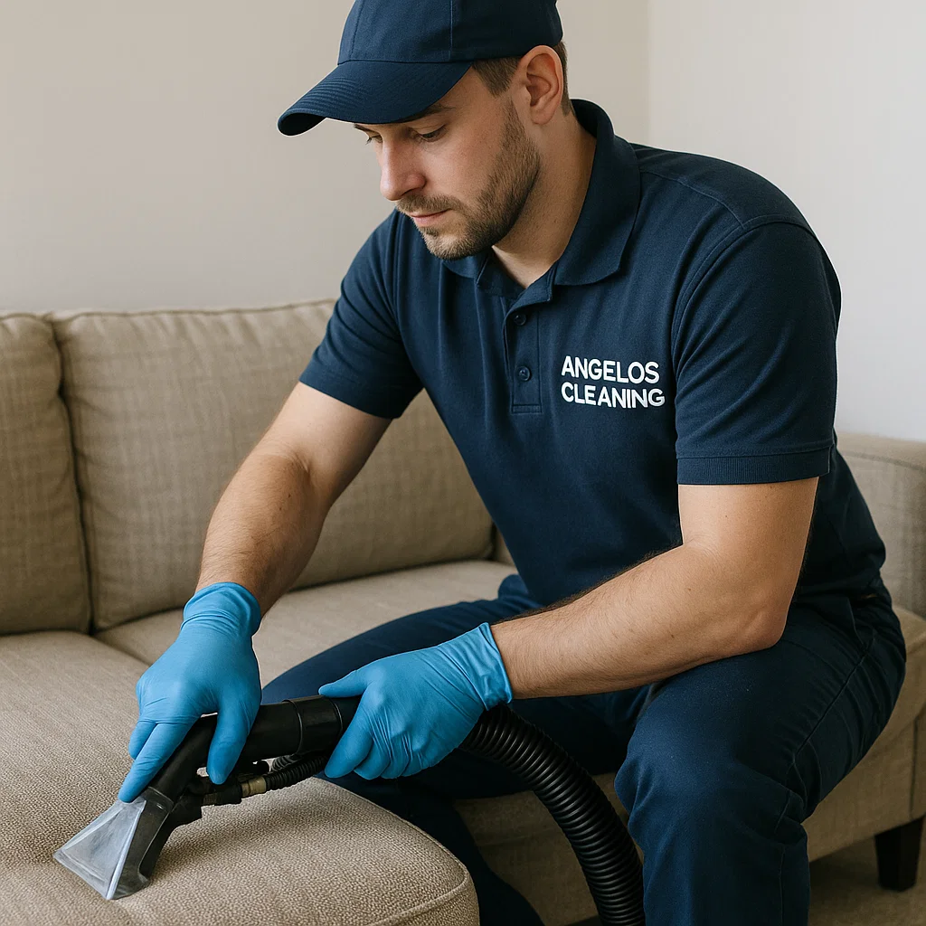 Before & after sofa cleaning — armrest sheen normalized