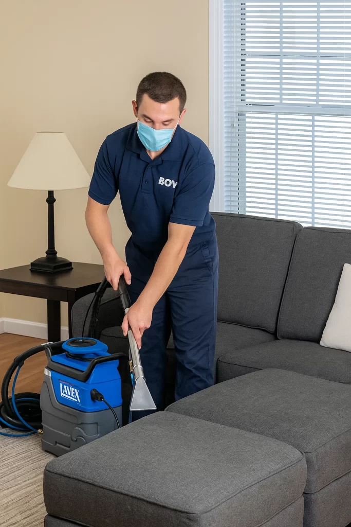 Professional upholstery cleaning by an Angelo's Hard Floor & Duct Cleaning team member