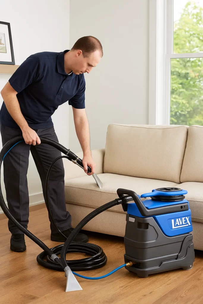 Professional upholstery cleaning by an Angelo's Hard Floor & Duct Cleaning team member