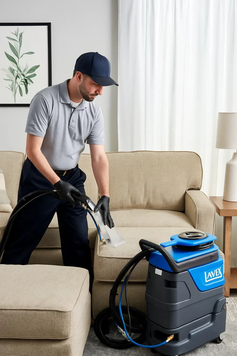 Professional upholstery cleaning by an Angelo's Hard Floor & Duct Cleaning team member