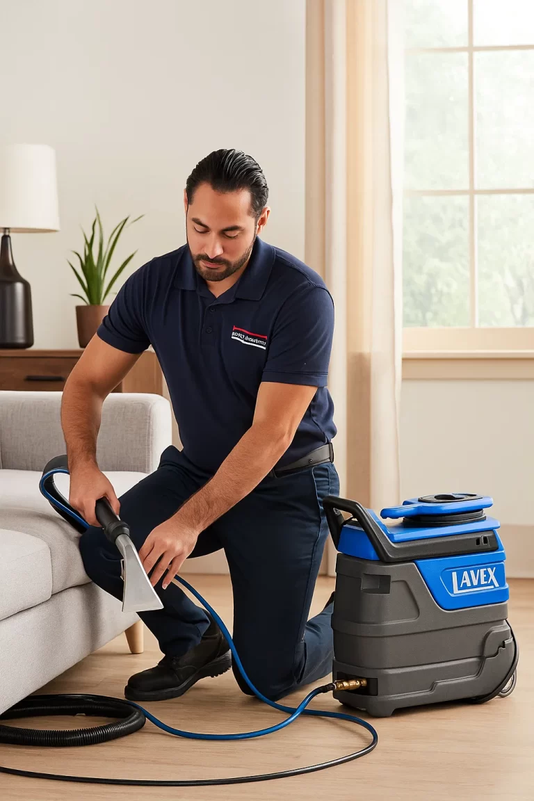 Professional upholstery cleaning by an Angelo's Hard Floor & Duct Cleaning team member