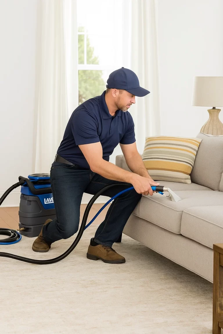 Expert upholstery cleaning by an Angelo's Hard Floor & Duct Cleaning team member