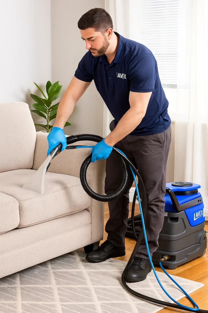 Professional upholstery cleaning by an Angelo's Hard Floor & Duct Cleaning team member