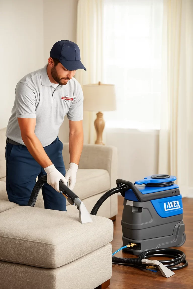 Expert upholstery cleaning by an Angelo's Hard Floor & Duct Cleaning team member