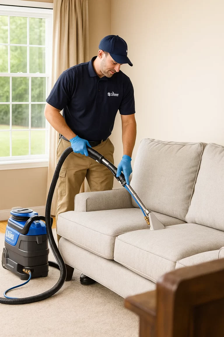 Expert upholstery cleaning by an Angelo's Hard Floor & Duct Cleaning team member