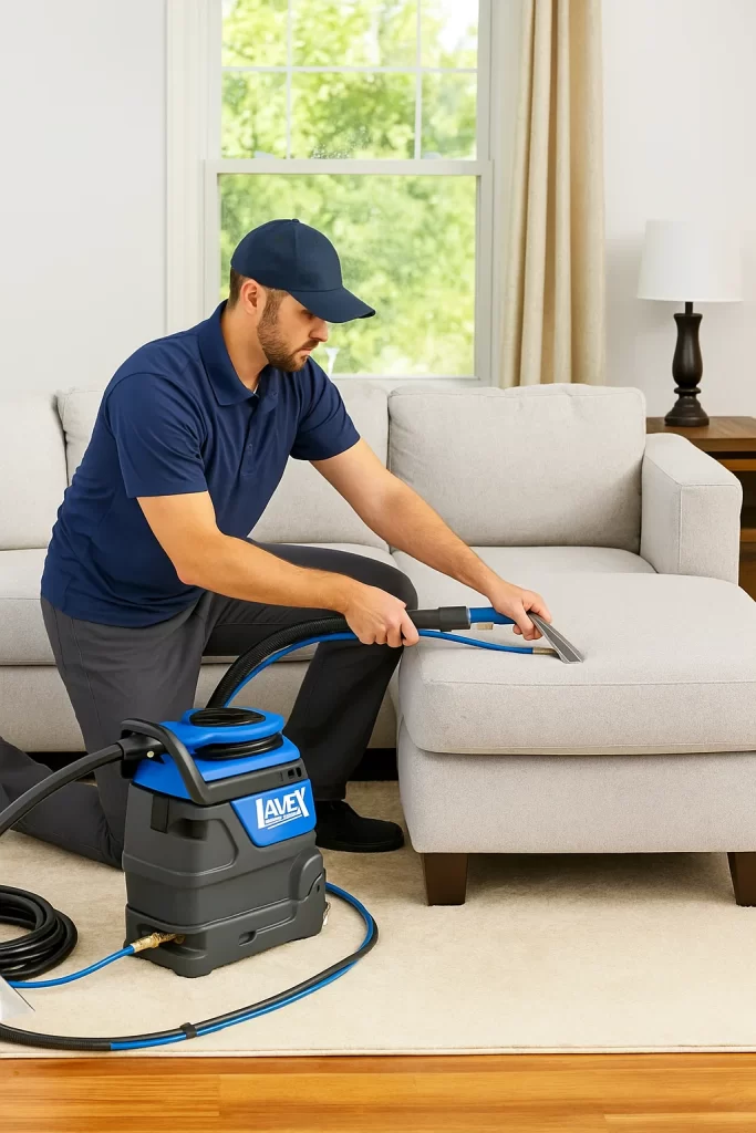 Professional upholstery cleaning by an Angelo's Hard Floor & Duct Cleaning team member