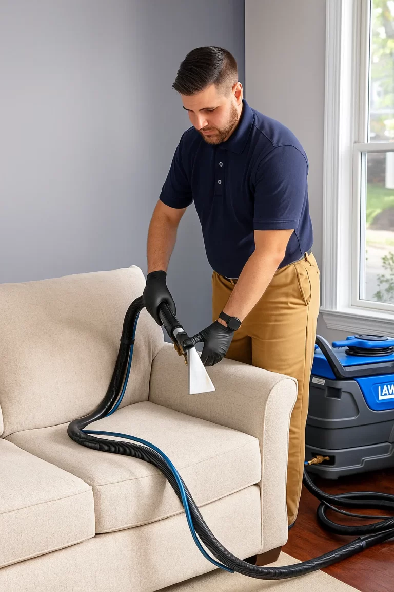 Expert upholstery cleaning by an Angelo's Hard Floor & Duct Cleaning team member