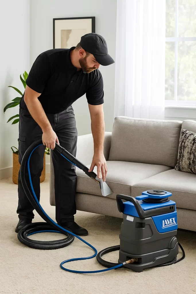 Professional upholstery cleaning by an Angelo's Hard Floor & Duct Cleaning team member