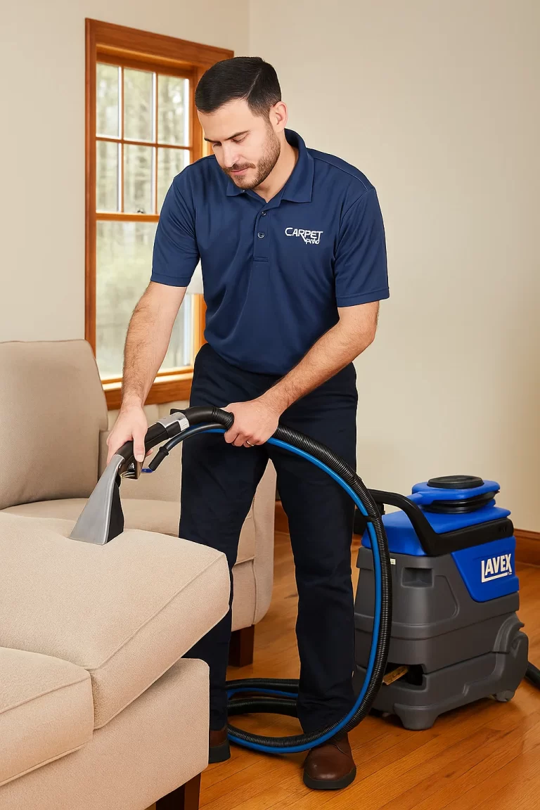 Expert upholstery cleaning by an Angelo's Hard Floor & Duct Cleaning team member