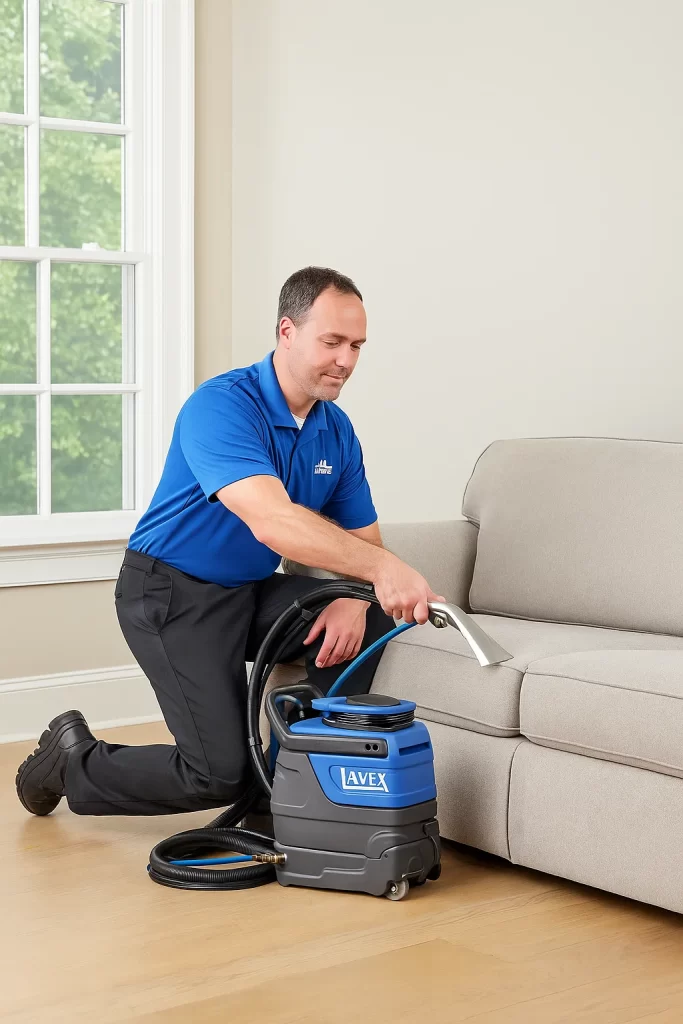 Professional upholstery cleaning by an Angelo's Hard Floor & Duct Cleaning team member