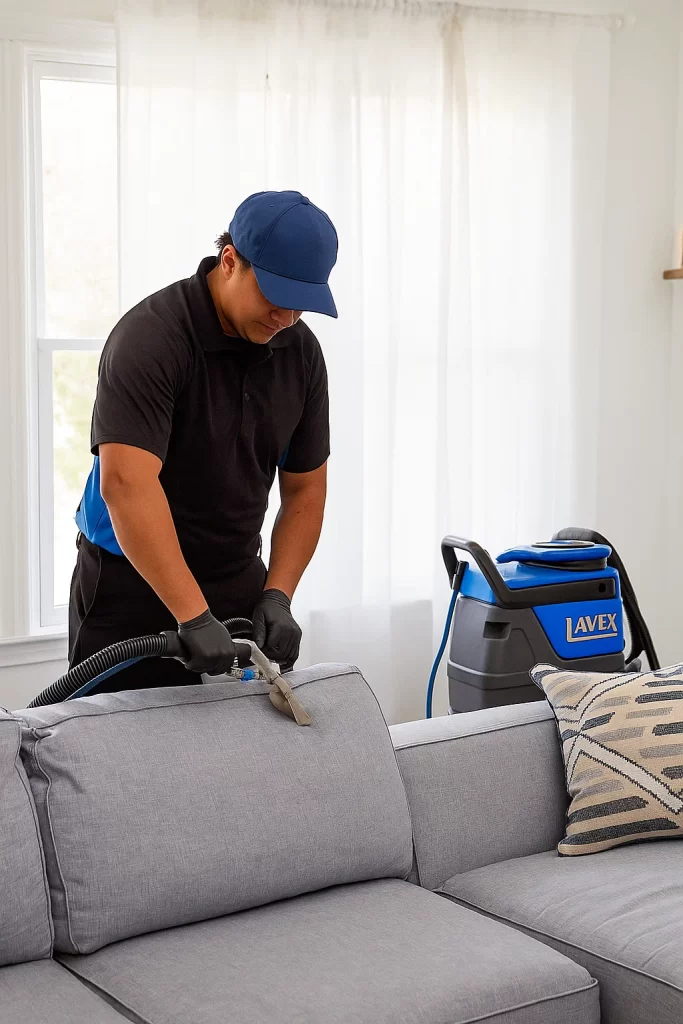 Professional upholstery cleaning by an Angelo's Hard Floor & Duct Cleaning team member