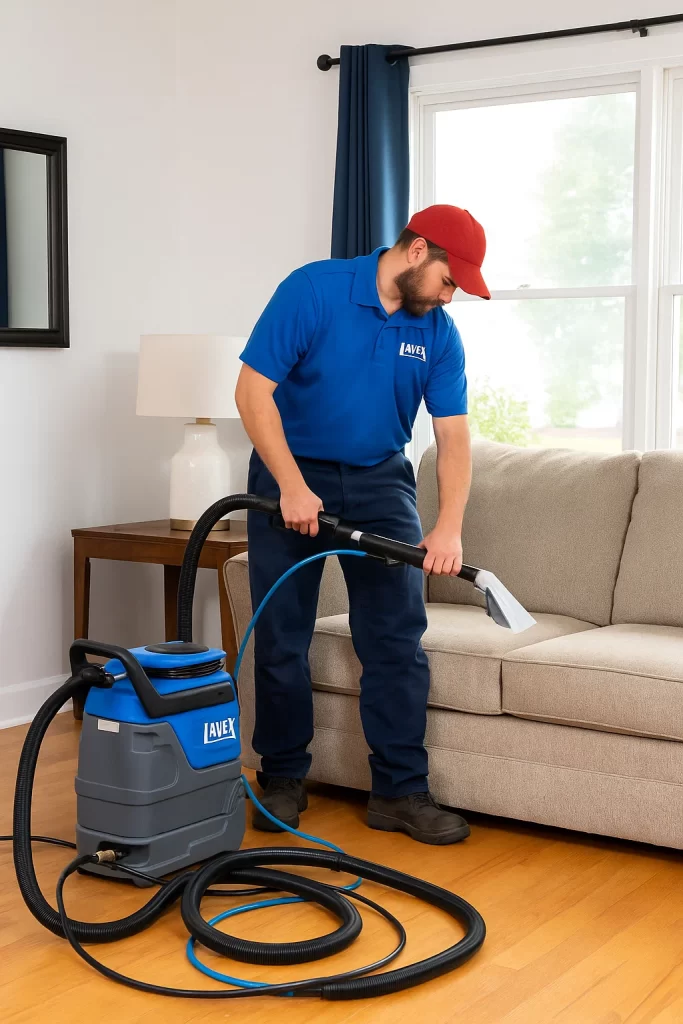 Professional upholstery cleaning by an Angelo's Hard Floor & Duct Cleaning team member