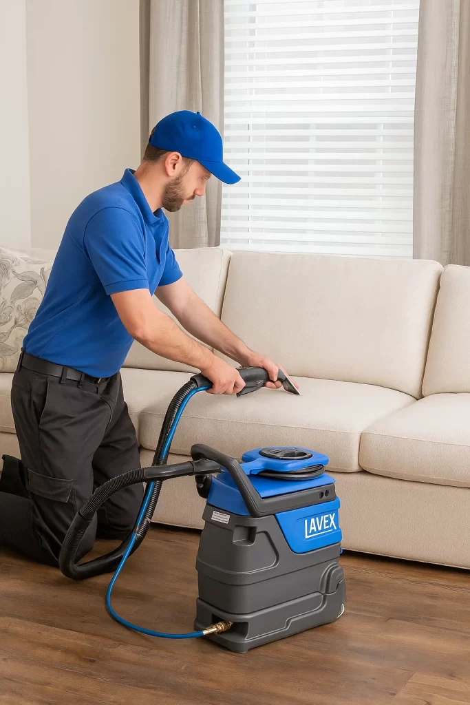 Professional upholstery cleaning by an Angelo's Hard Floor & Duct Cleaning team member