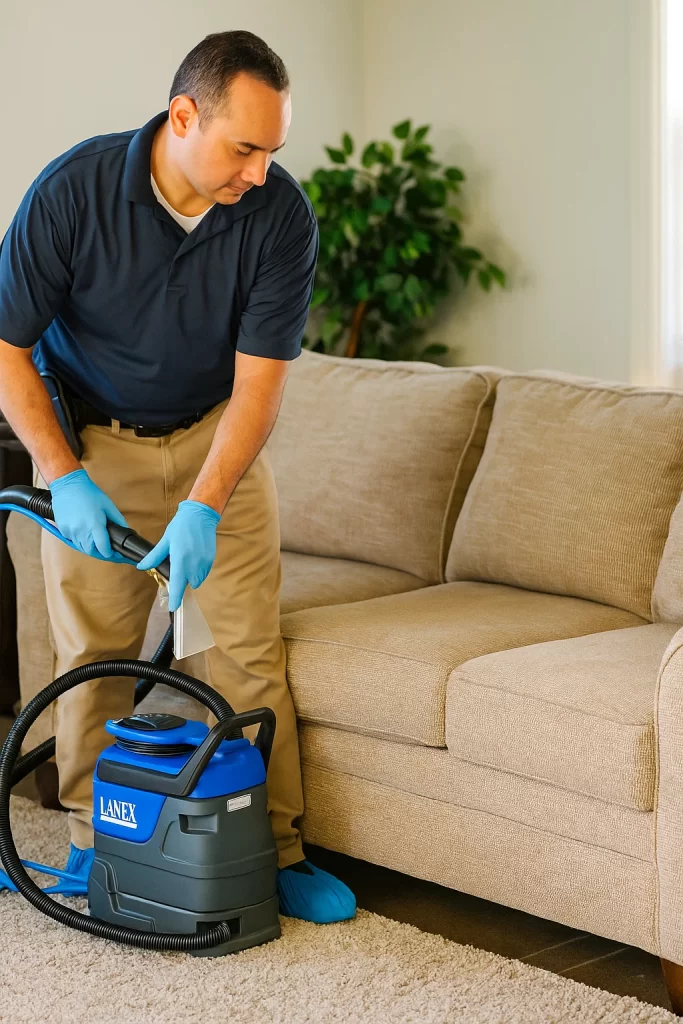 Professional upholstery cleaning by an Angelo's Hard Floor & Duct Cleaning team member