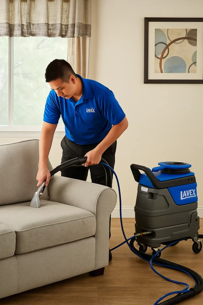 Professional upholstery cleaning by an Angelo's Hard Floor & Duct Cleaning team member
